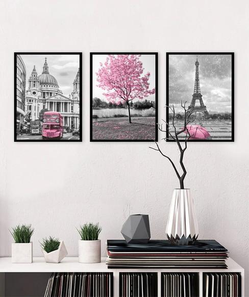 Kit 3 Quadros Cidades Londres e Paris Rosa Decoração Moldura