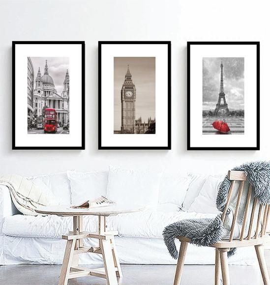 Kit 3 Quadros Cidades Londres e Paris Decoração Com Molduras