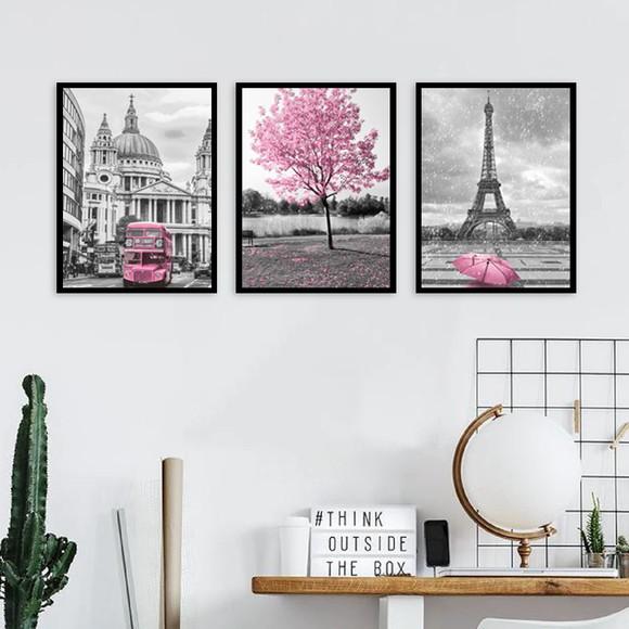 Kit 3 Quadros Cidades Londres e Paris Rosa Decoração Moldura