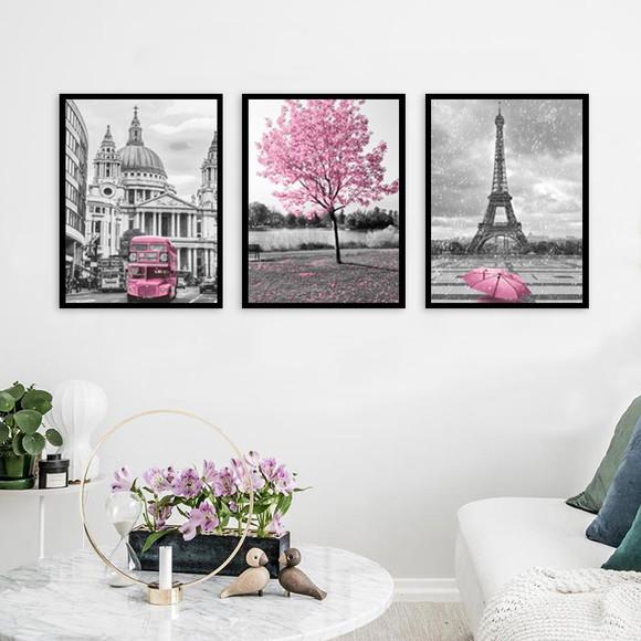Kit 3 Quadros Cidades Londres e Paris Rosa Decoração Moldura