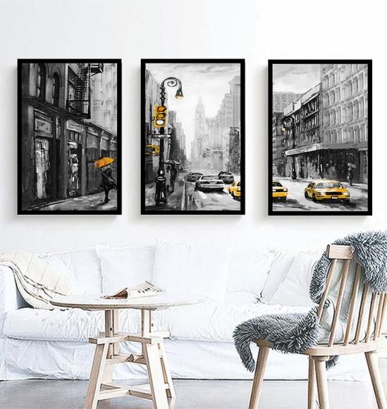 Kit 3 Quadros Cidades Nova York Decoração Conjunto Molduras