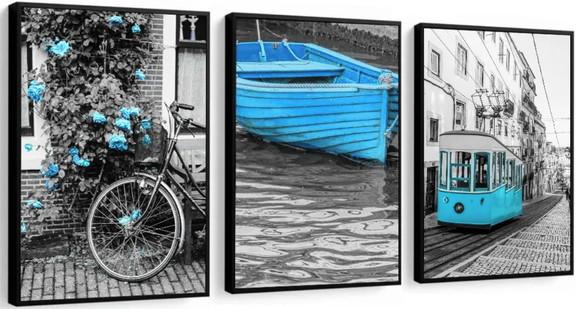 Kit 3 Quadros Cidades Preto e Branco Decoração Azul Molduras