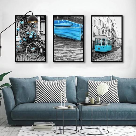 Kit 3 Quadros Cidades Preto e Branco Decoração Azul Molduras