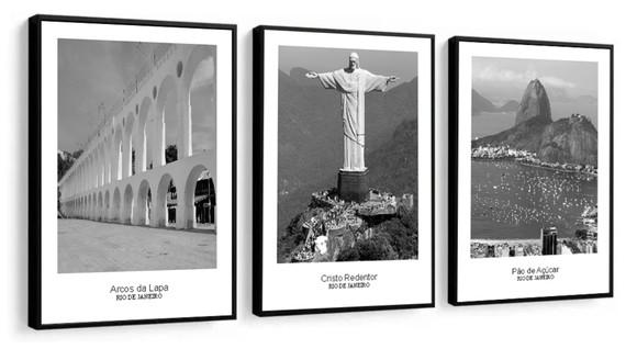 Kit 3 Quadros Cidades Preto e Branco Decoração com Molduras
