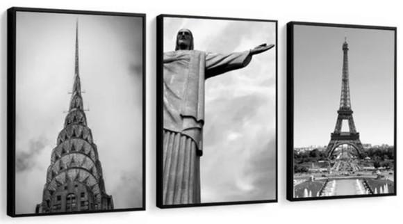 Kit 3 Quadros Cidades Preto e Branco Decoração Com Molduras