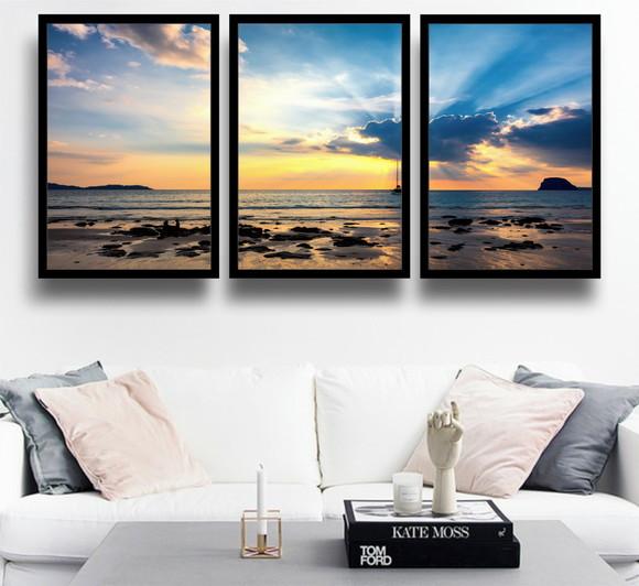 Kit 3 Quadros Conjunto Paisagem Praia Decoração Com Moldura