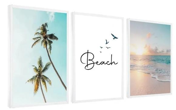 Kit 3 Quadros Coqueiro Pôr Do Sol Frases Decoração Moldura