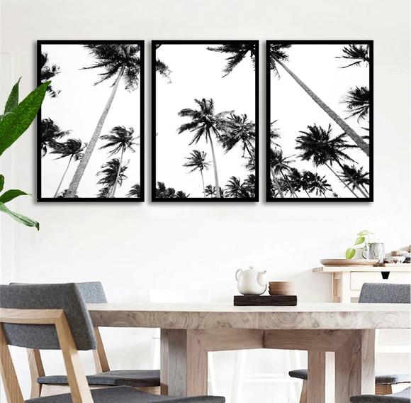 Kit 3 Quadros Coqueiros Preto e Branco Decoração Com Moldura