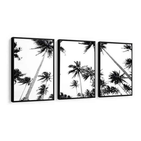Kit 3 Quadros Coqueiros Preto e Branco Decoração Com Moldura