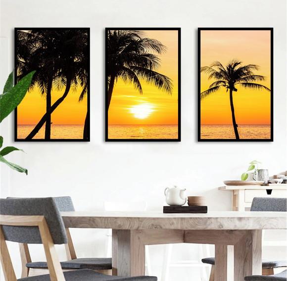 Kit 3 Quadros Coqueiro Pôr Do Sol Paisagem Decoração Moldura