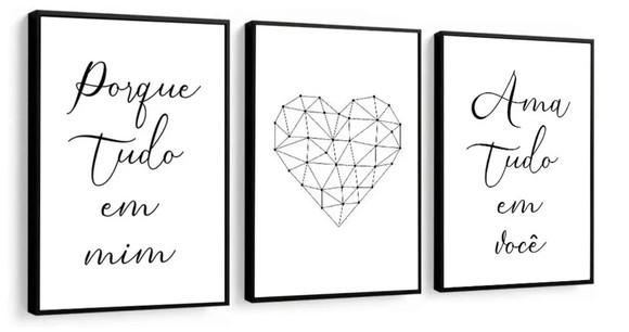 Kit 3 Quadros Coração Casal Frases Amor Decoração Moldura