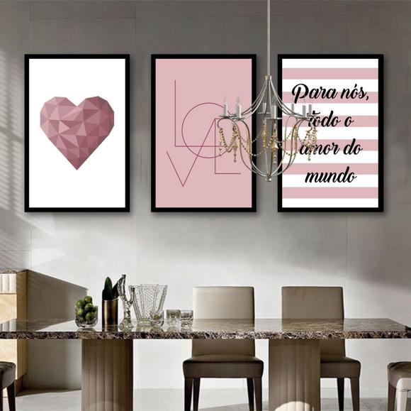 Kit 3 Quadros Coração Frases Amor Casal Decoração Moldura