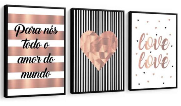 Kit 3 Quadros Coração Frases Casal Decoração Love Molduras