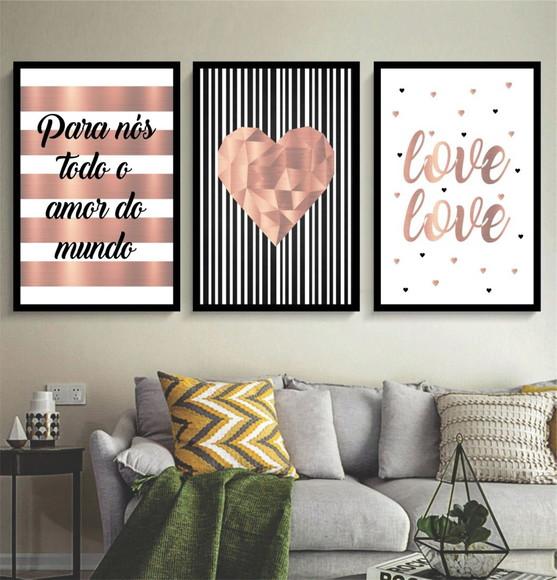 Kit 3 Quadros Coração Frases Casal Decoração Love Molduras