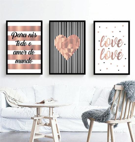 Kit 3 Quadros Coração Frases Casal Decoração Love Molduras