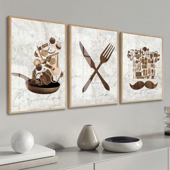 Kit 3 Quadros Cozinha Cheff Restaurantes Molduras e Vidro