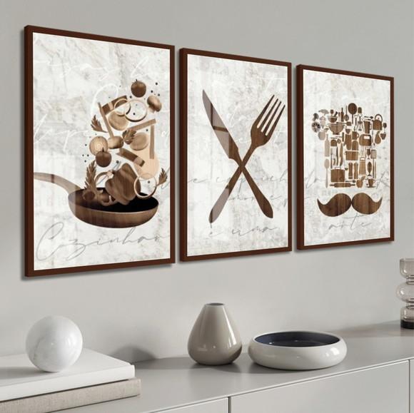Kit 3 Quadros Cozinha Cheff Restaurantes Molduras e Vidro