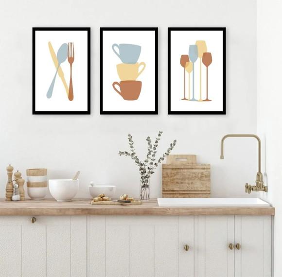 Kit 3 Quadros Cozinha Talheres Decoração Casa com Molduras
