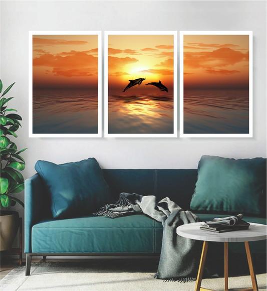 Kit 3 Quadros De Decoração Para Sala Praia Golfinhos Moldura