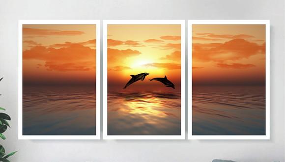 Kit 3 Quadros De Decoração Para Sala Praia Golfinhos Moldura