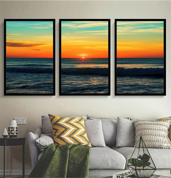 Kit 3 Quadros De Decoração Praia Pôr Do Sol Paisagem Moldura