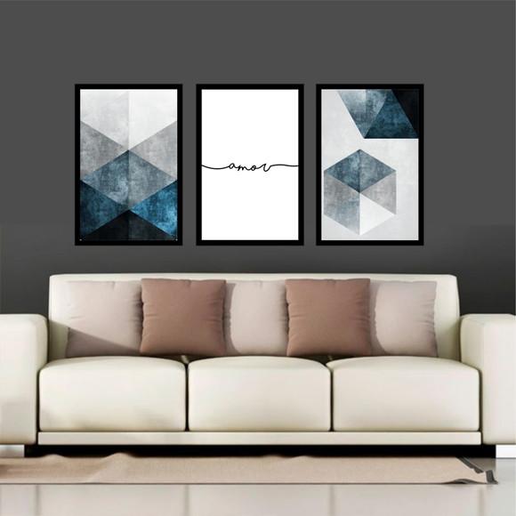 Kit 3 Quadros Decoração Abstrato Geométrico Amor, Tons Azuis