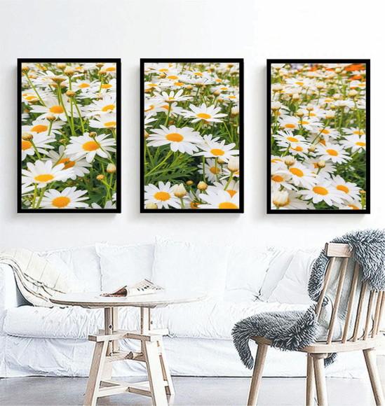 Kit 3 Quadros De Flores Brancas Margaridas Decoração Moldura