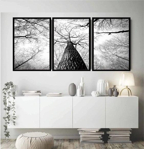 Kit 3 Quadros Decoração Arvore Preto e Branco Galhos Moldura