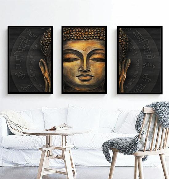Kit 3 Quadros Decoração Buda Meditação Conjunto Com Moldura