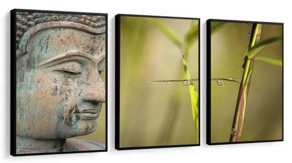 Kit 3 Quadros Decoração Buda Paisagem Conjunto Com Molduras