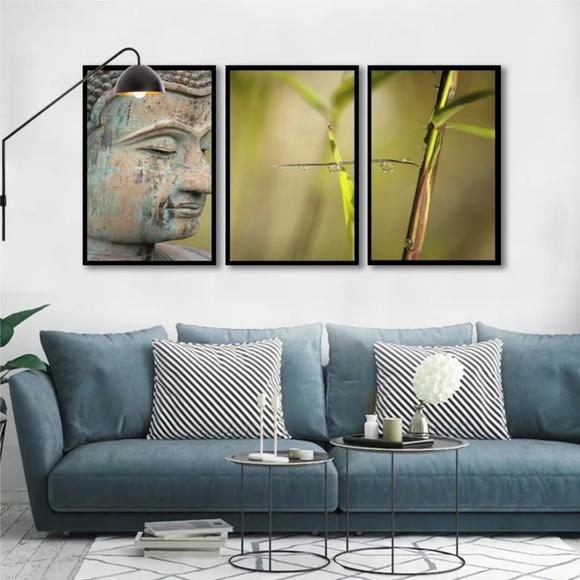 Kit 3 Quadros Decoração Buda Paisagem Conjunto Com Molduras