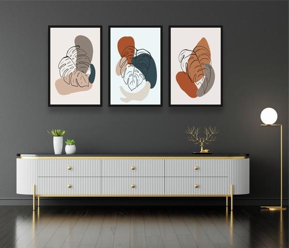Kit 3 Quadros Decoração Para Sala Folhagem Desenho Moldura
