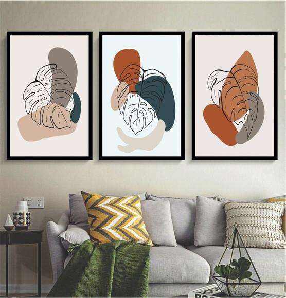 Kit 3 Quadros Decoração Para Sala Folhagem Desenho Moldura