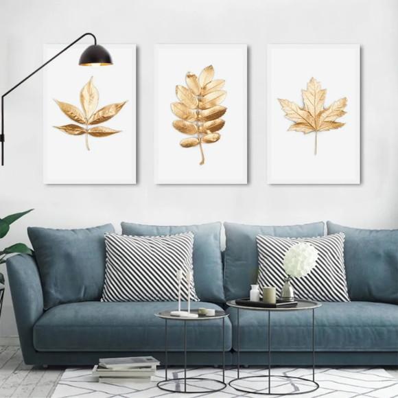 Kit 3 Quadros Decoração Para Sala Folhagem Dourada Molduras