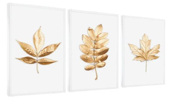 Kit 3 Quadros Decoração Para Sala Folhagem Dourada Molduras