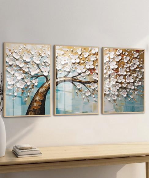 Kit 3 Quadros Decorativos Abstrato Arvore Folhagem com Vidro