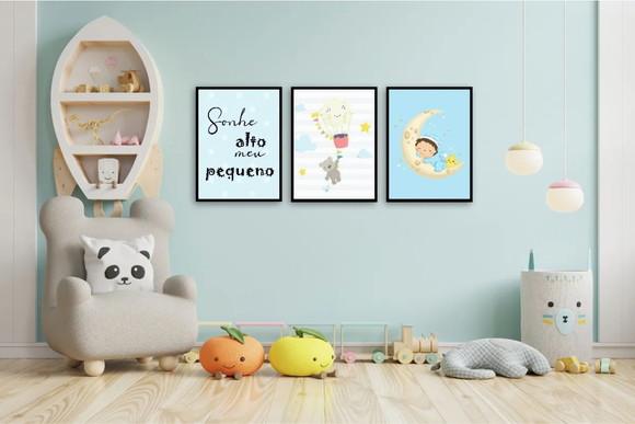 Kit 3 Quadros Decoração Quarto Menino Oração Anjinho Moldura