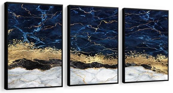 Kit 3 Quadros Decorativos Abstrato Azul Dourado Sala Quarto