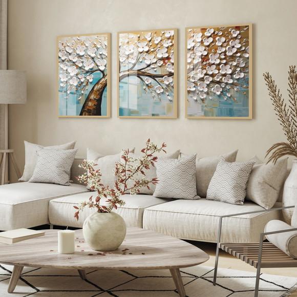 Kit 3 Quadros Decorativos Abstrato Arvore Folhagem com Vidro