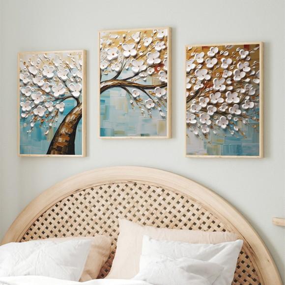 Kit 3 Quadros Decorativos Abstrato Arvore Folhagem com Vidro