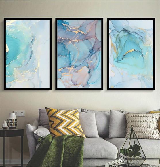 Kit 3 Quadros Decorativos Abstrato Azul Dourado Sala Quarto