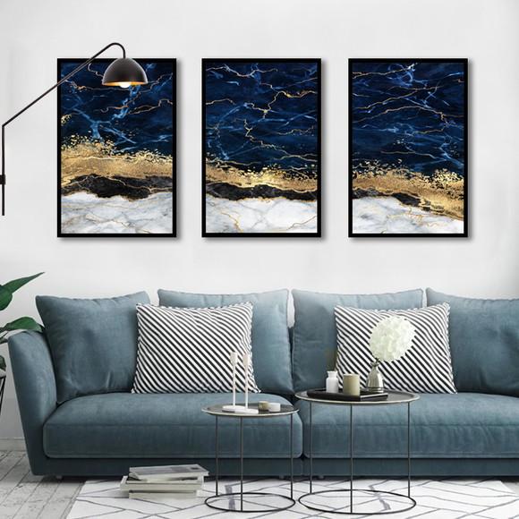 Kit 3 Quadros Decorativos Abstrato Azul Dourado Sala Quarto