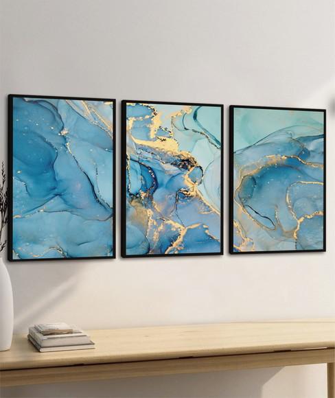 Kit 3 Quadros Decorativos Abstrato Azul e Dourado Moldura