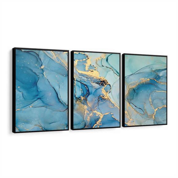 Kit 3 Quadros Decorativos Abstrato Azul e Dourado Moldura