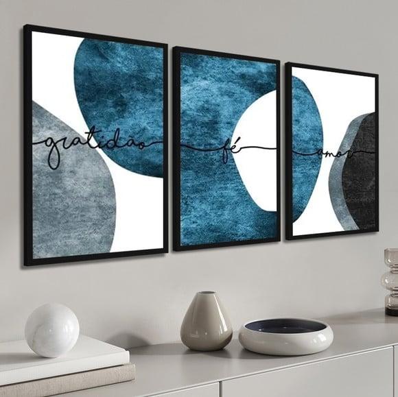 Kit 3 Quadros Decorativos Abstrato Azul Frases Com Moldura
