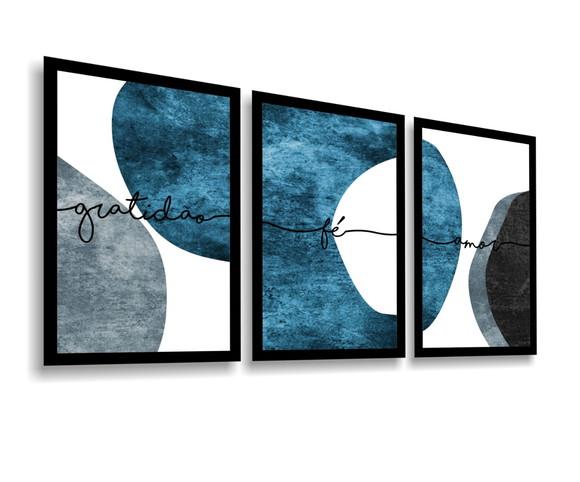 Kit 3 Quadros Decorativos Abstrato Azul Frases Com Moldura