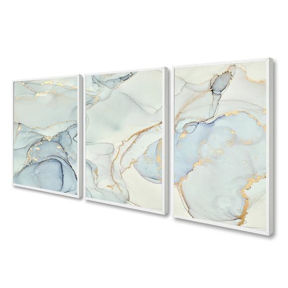 Kit 3 Quadros Decorativos Abstrato Azul Gold Claro Moldura