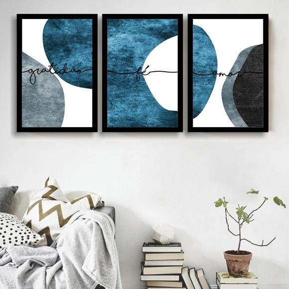 Kit 3 Quadros Decorativos Abstrato Azul Frases Com Moldura
