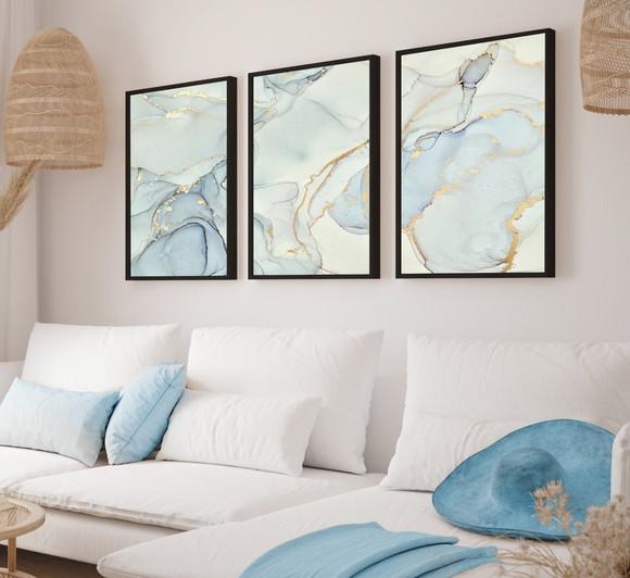 Kit 3 Quadros Decorativos Abstrato Azul Gold Moderno Moldura