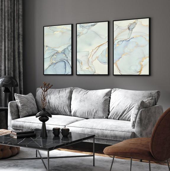 Kit 3 Quadros Decorativos Abstrato Azul Gold Moderno Moldura